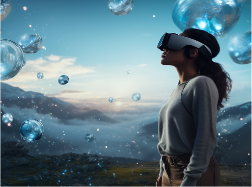 Woman wearing VR headset in a virtual reality environment