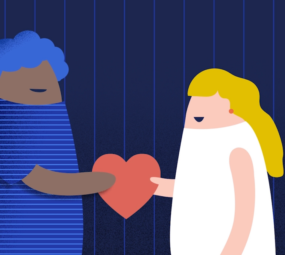 A frame from a Ludic animation: two illustrated figures passing a heart between them
